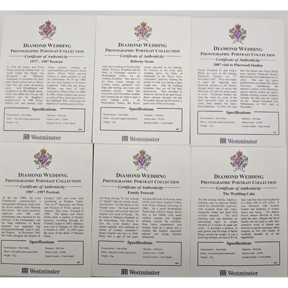 Six Diamond Wedding Photographic Portrait Collection Certificates of Authenticity from Westminster.