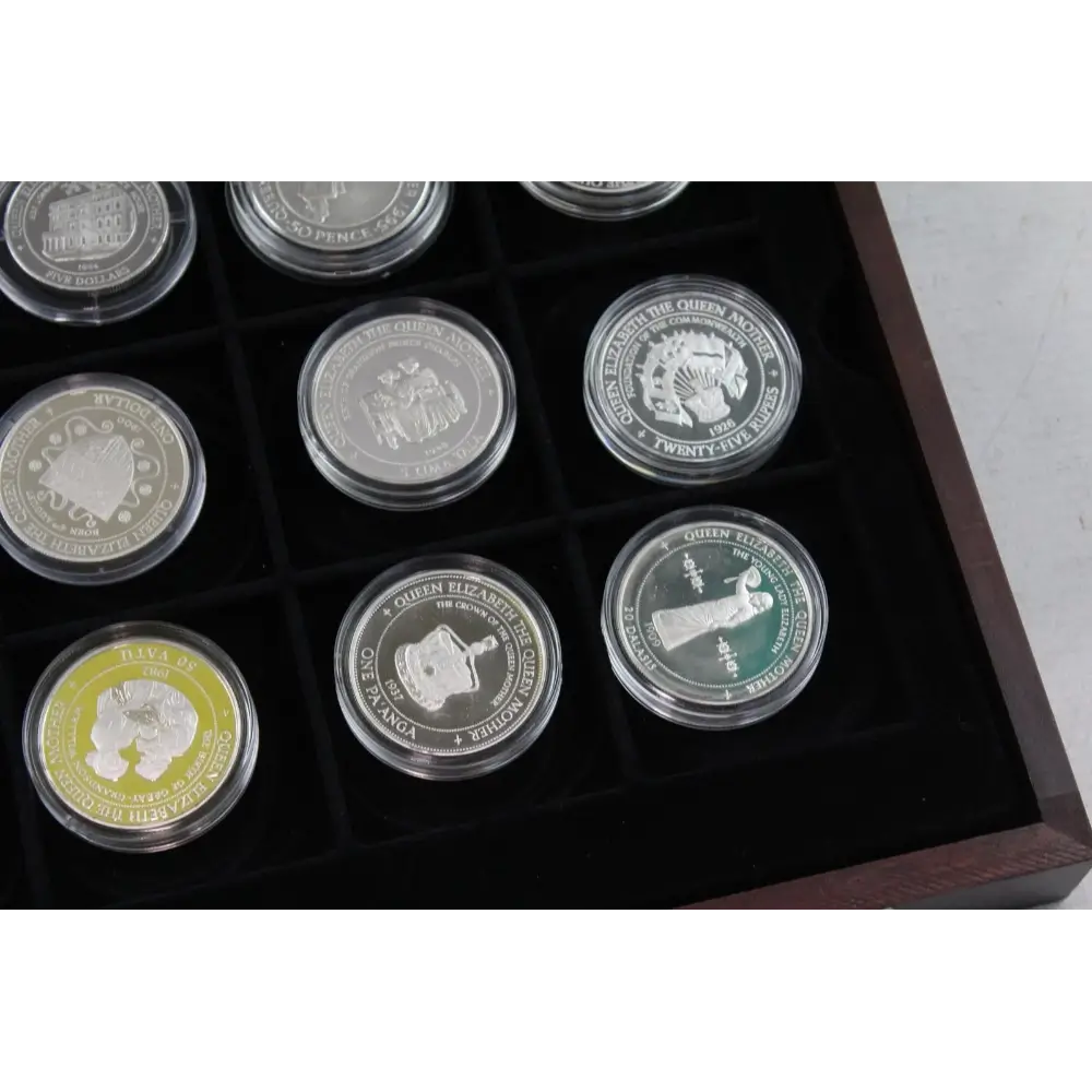 Collection of coins in a display case