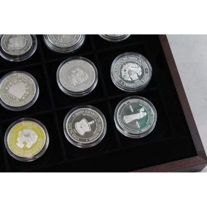 Collection of coins in a display case