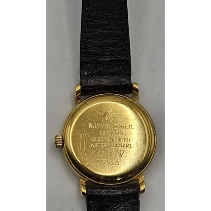 Gold watch with black leather strap 