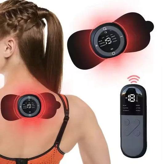 Woman using a massage device on her back with a remote control displayed.