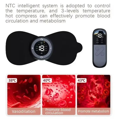 Black heating pad with digital display and remote control, showing temperature levels and blood circulation benefits.