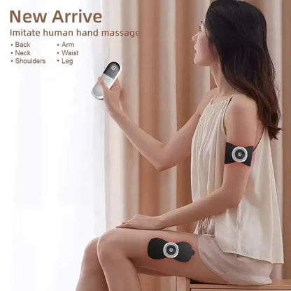 Woman using electronic massage devices on her body with text indicating features.
