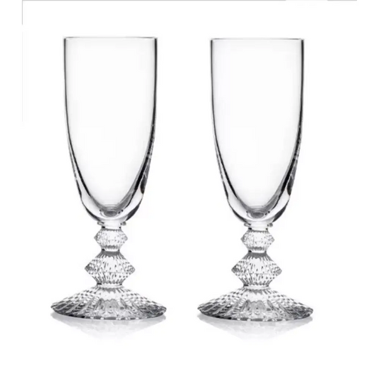 Two clear glass goblets with decorative bases 