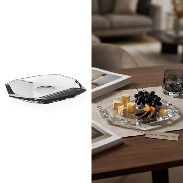A clear faceted glass serving platter shown on a white background on the left, and styled on a wooden table with cheese, grapes, and a glass on the right in a real interior setting.