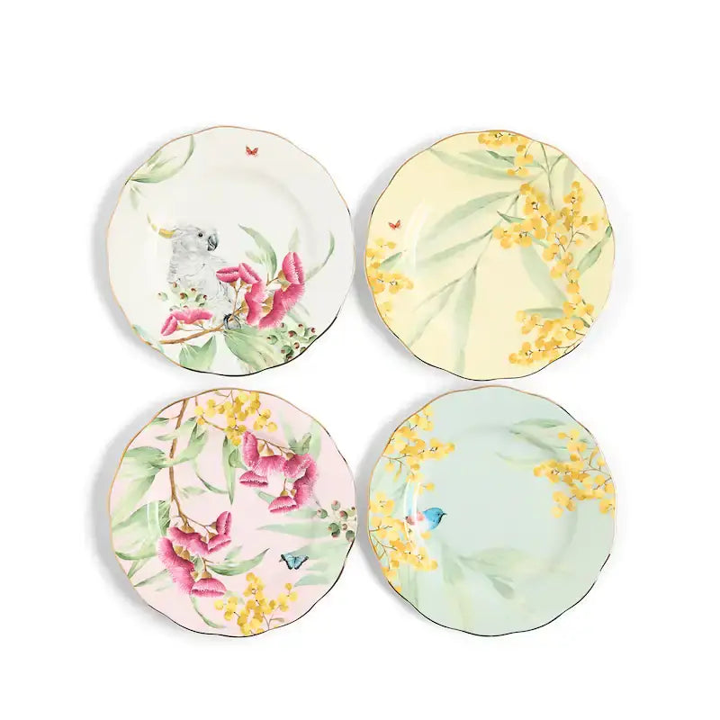 Royal Albert Miranda Kerr Australiana 4-Piece Mixed Plates Set with Cockatoo and Yellow Wattle Flowers