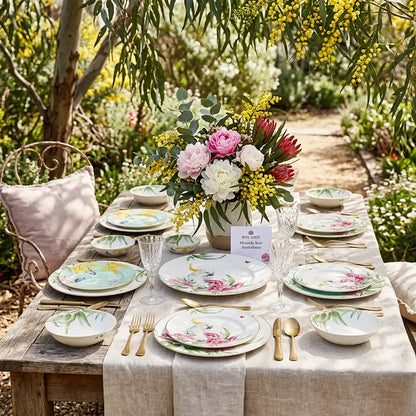 Royal Albert Miranda Kerr Australiana 16-piece dinnerware set, luxury floral porcelain plates and bowls for outdoor dining and brunch.