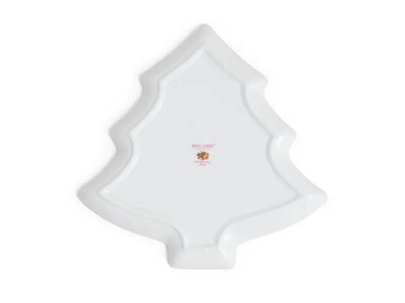White Christmas tree-shaped plate with a brand logo on a white background