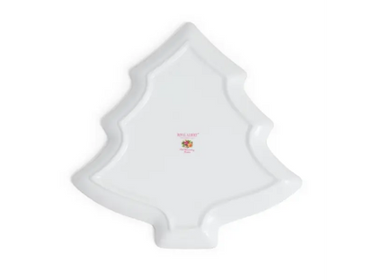 White Christmas tree-shaped plate with a brand logo on a white background