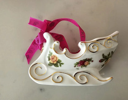 Old Country Roses Christmas sleigh ornament with ribbon