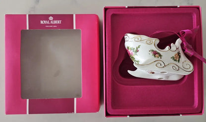 Royal Albert Old Country Roses sleigh ornament in window box