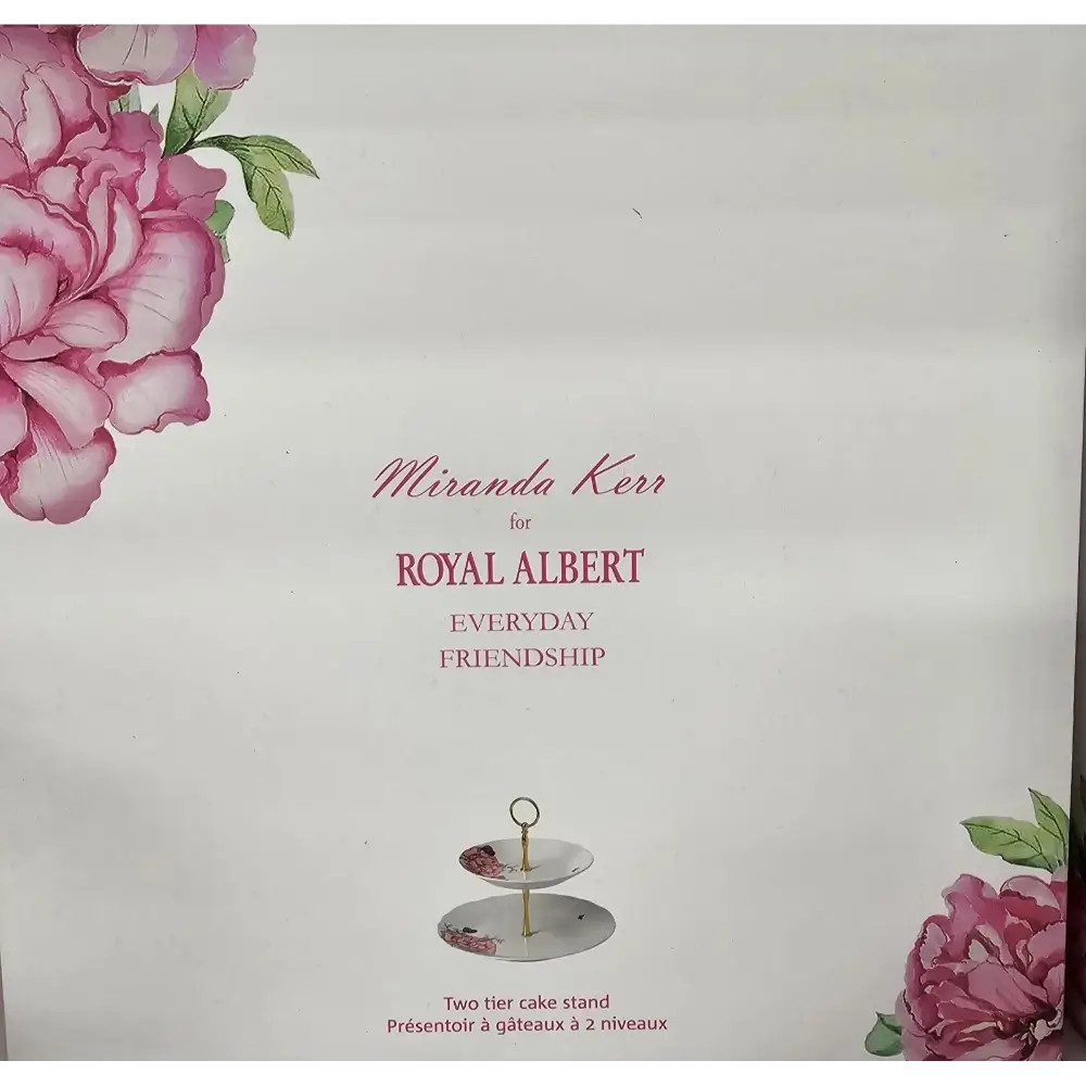 Product packaging for Miranda Kerr for Royal Albert two-tier cake stand with floral design.