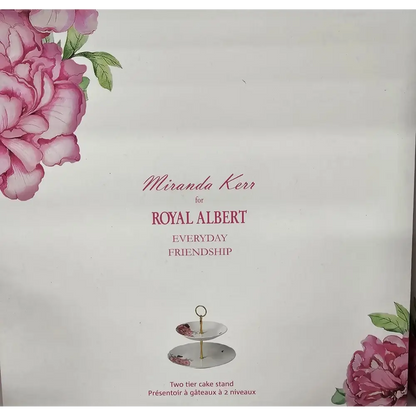 Product packaging for Miranda Kerr for Royal Albert two-tier cake stand with floral design.