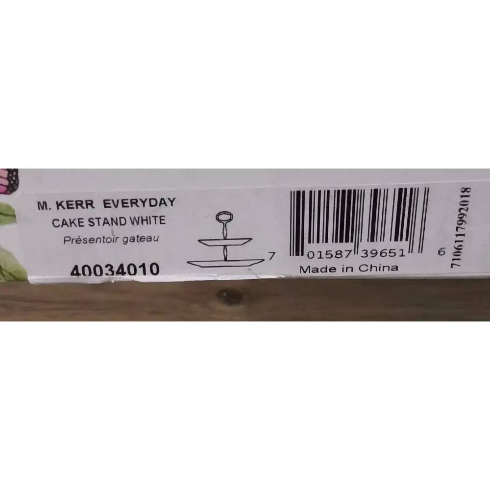 Label on a cake stand with product details and barcode