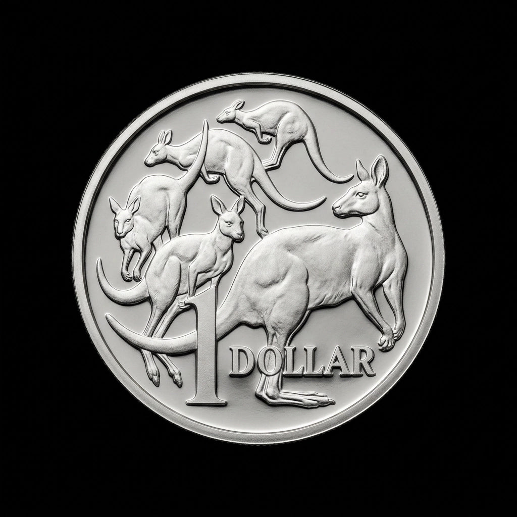 A circular silver 1 dollar coin featuring embossed kangaroo illustrations and the text '1 DOLLAR' on a solid black background.