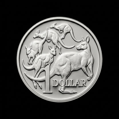 A circular silver 1 dollar coin featuring embossed kangaroo illustrations and the text '1 DOLLAR' on a solid black background.