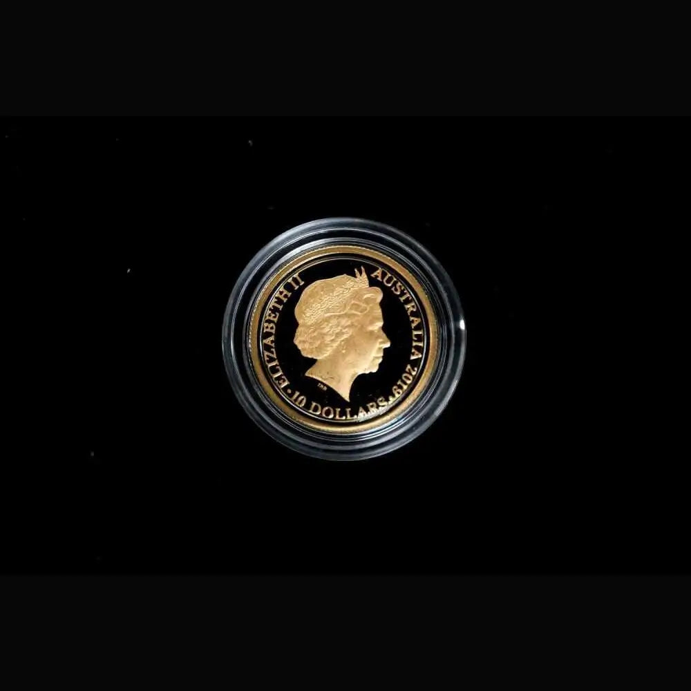 A circular gold coin featuring a profile portrait of Queen Elizabeth II, displayed inside a clear protective capsule against a solid black background.