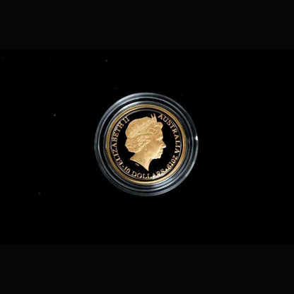 A circular gold coin featuring a profile portrait of Queen Elizabeth II, displayed inside a clear protective capsule against a solid black background.