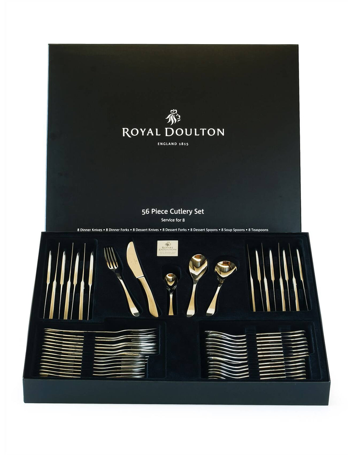 Royal Doulton 56-piece cutlery set in a black presentation box, featuring polished silver and gold-toned metal utensils arranged neatly inside an open black gift box on a white background.
