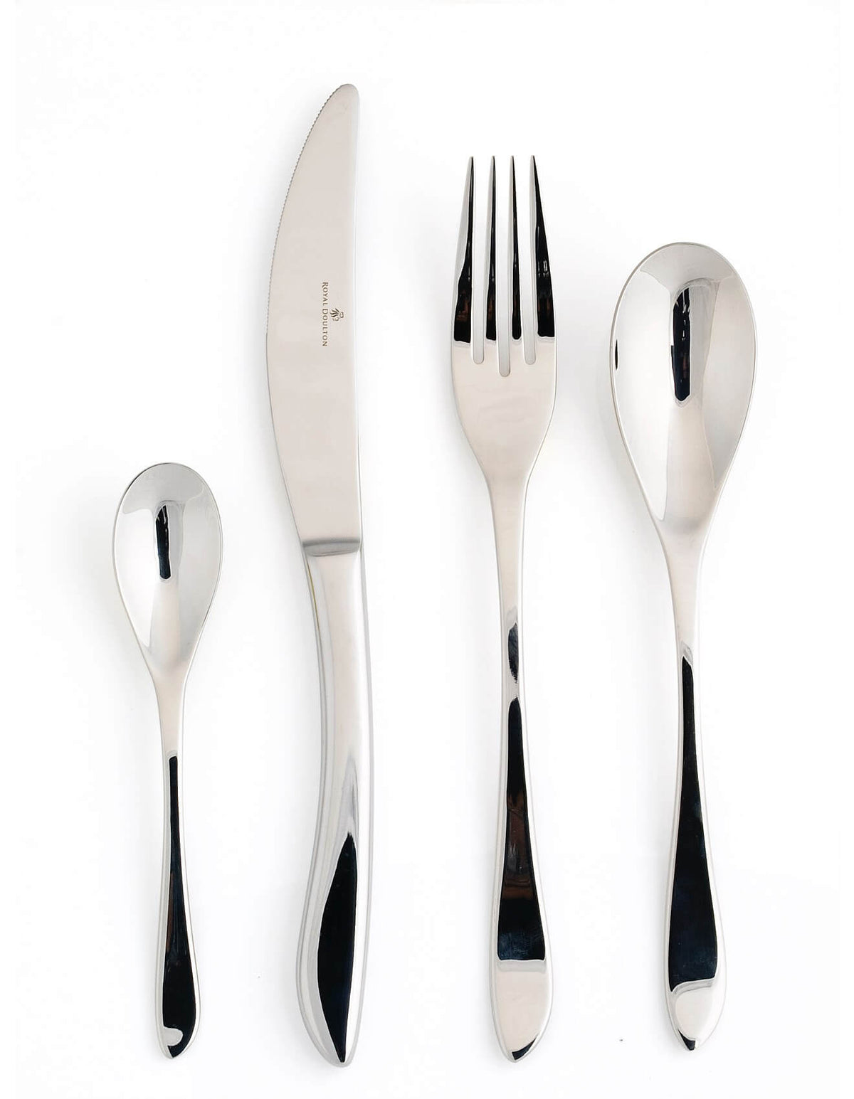 Four-piece stainless steel cutlery set with matching handles, including a dinner knife, dinner fork, dinner spoon, and teaspoon, arranged vertically on a white background.