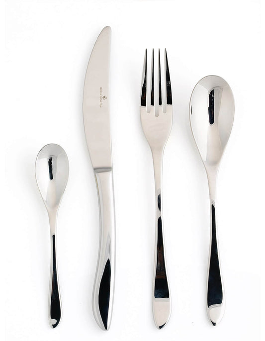 Four-piece stainless steel cutlery set with matching handles, including a dinner knife, dinner fork, dinner spoon, and teaspoon, arranged vertically on a white background.