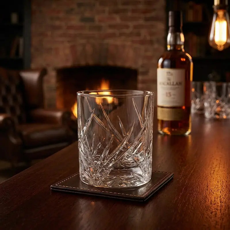A clear cut-crystal whiskey glass with a geometric diamond pattern sits on a dark brown leather coaster on a wooden bar counter. In the background, a bottle of Macallan 15 Year single malt whisky and other glasses are visible in a warm, cozy room with a brick fireplace and a lit hanging bulb.