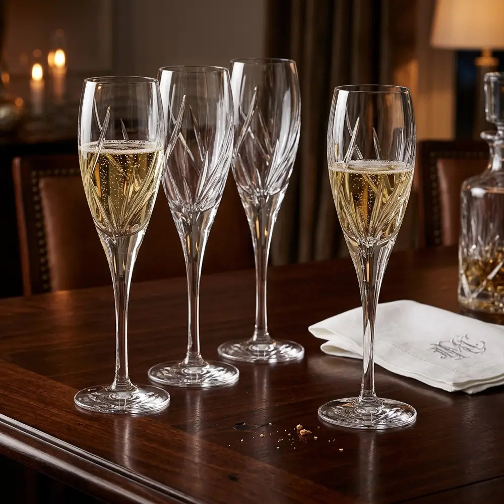 Four crystal champagne glasses filled with champagne on a wooden table.