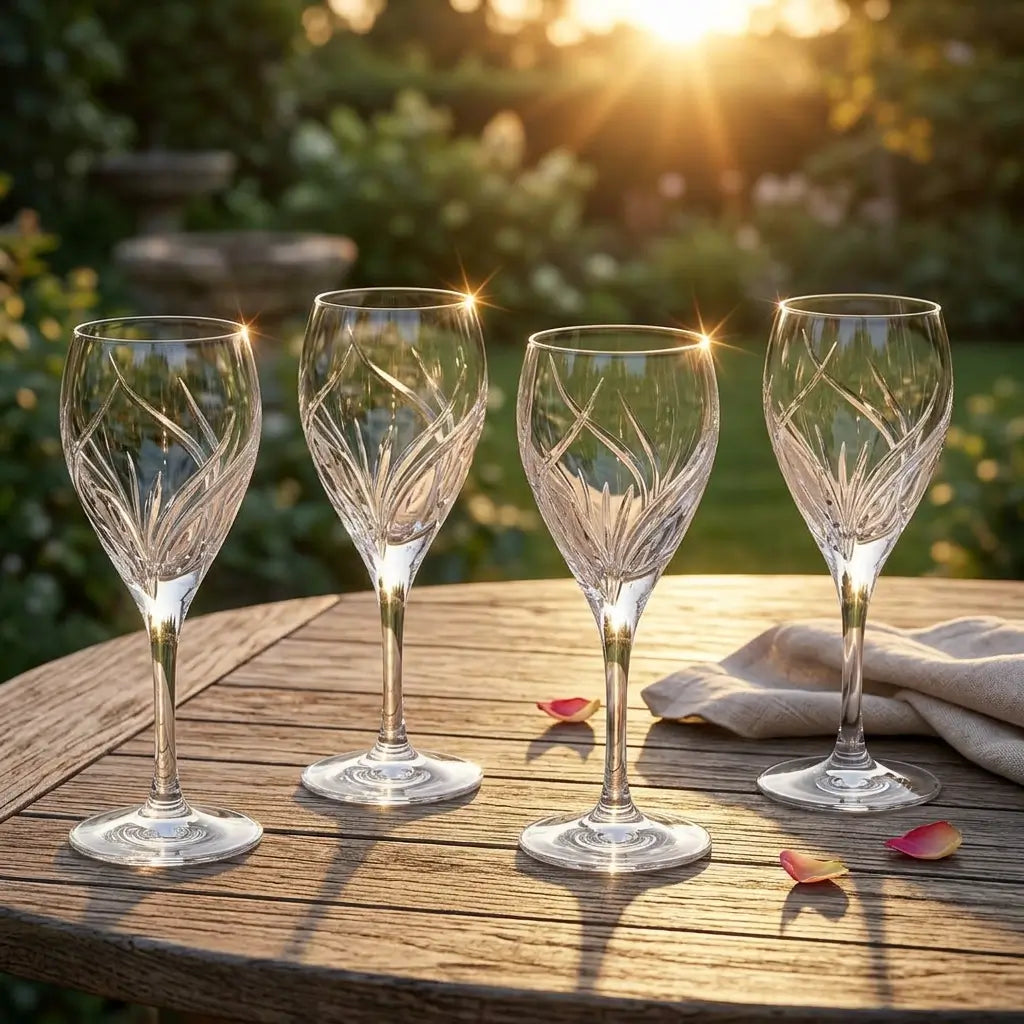 Four crystal wine glasses on a wooden table with a sunset background
