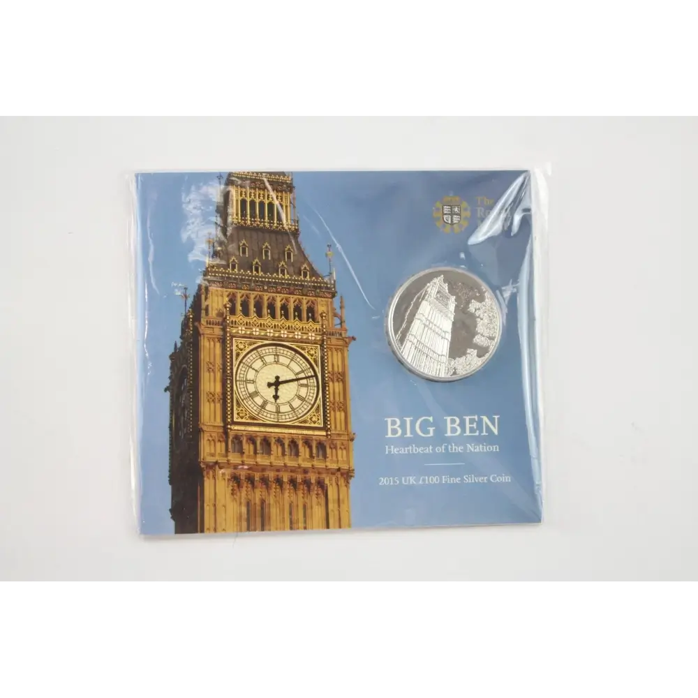 Silver coin in a packaging with Big Ben illustration 