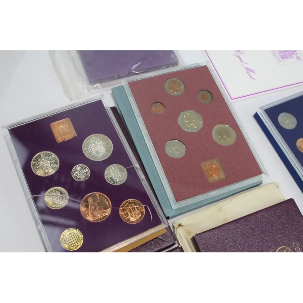Close-up of coins in Royal Mint Proof Set from 1970 to 1980