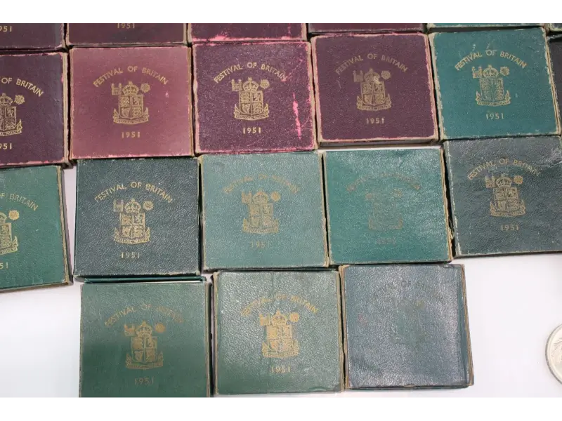 Boxed and unboxed 1951 Festival of Britain Crown Coins by Royal Mint