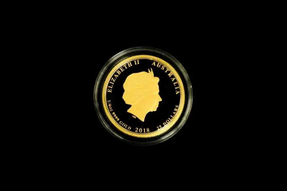 A 2018 Australian 10 oz gold coin in a circular protective capsule, displayed against a solid black background.