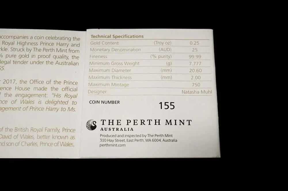 Perth Mint certificate of authenticity for 2018 Royal Wedding 1/4oz gold proof coin, coin number 155 | Koalaehub