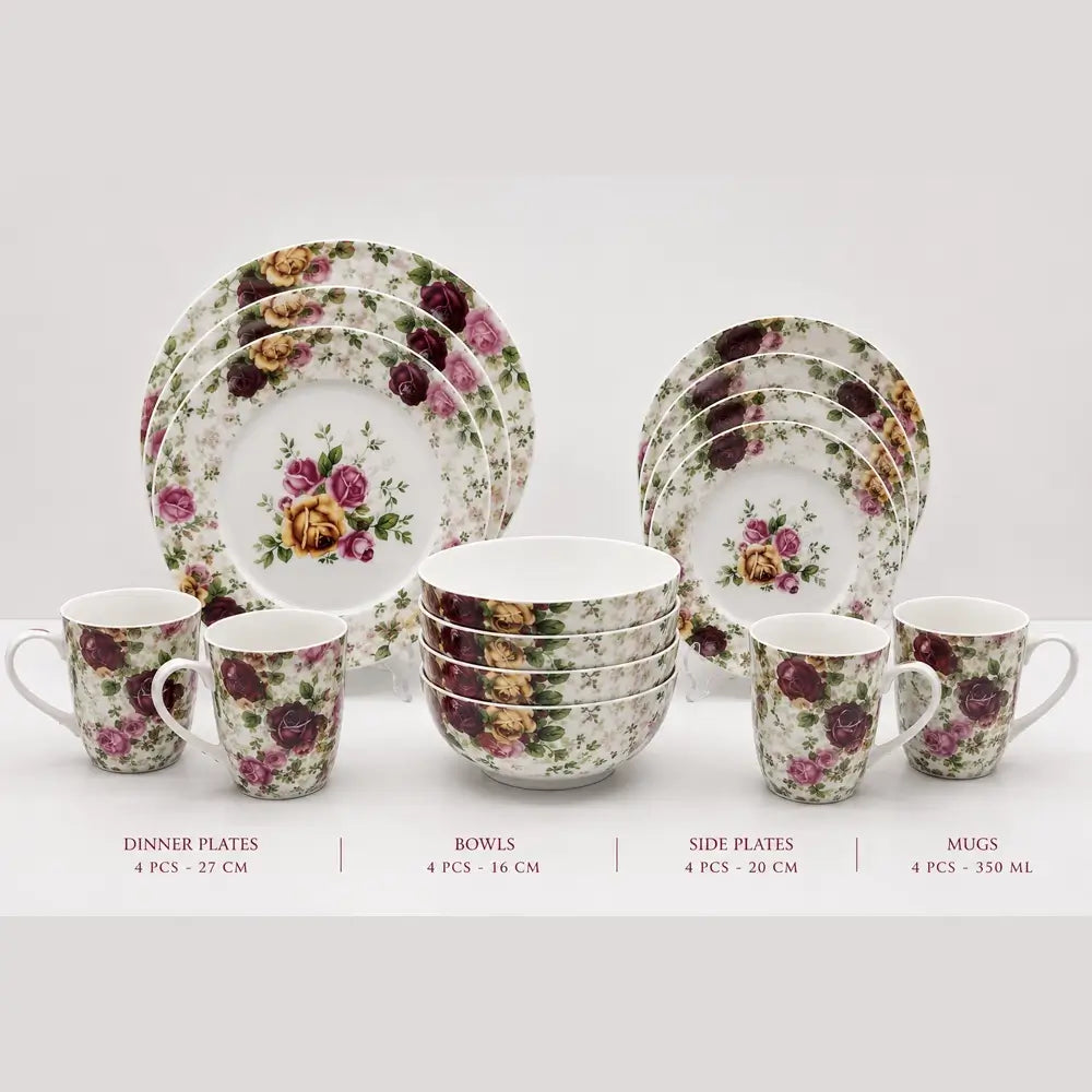 A floral porcelain dinnerware set displayed on a light gray background, including dinner plates, bowls, side plates, and mugs with a vintage rose pattern. Text labels below specify the quantity and dimensions of each piece.