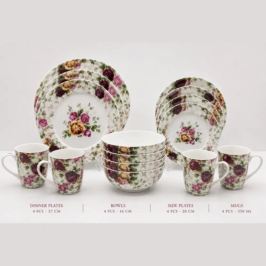 A floral porcelain dinnerware set displayed on a light gray background, including dinner plates, bowls, side plates, and mugs with a vintage rose pattern. Text labels below specify the quantity and dimensions of each piece.