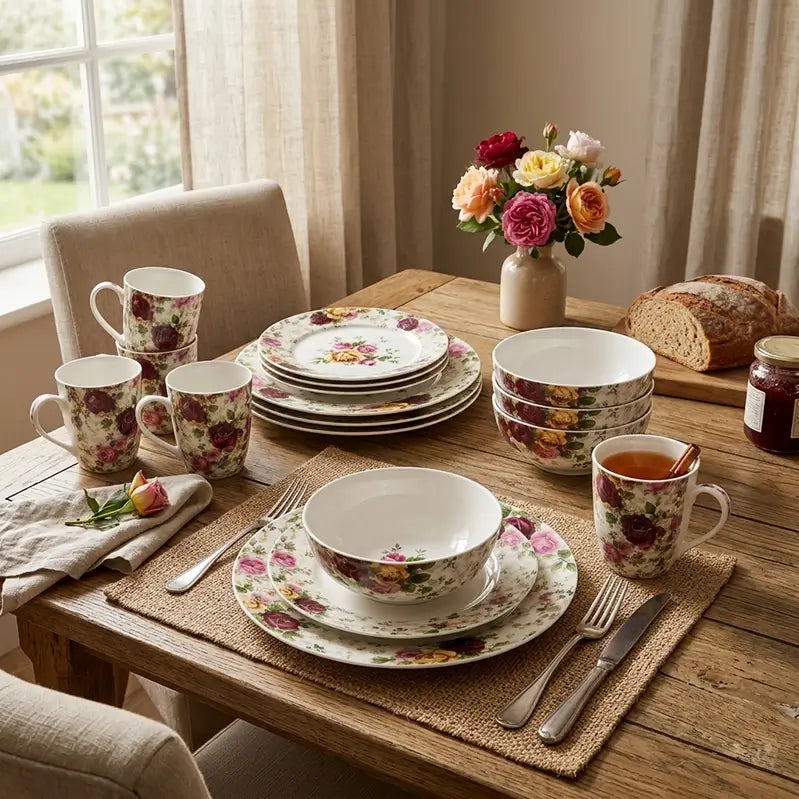 A floral ceramic tableware set arranged on a rustic wooden dining table, including plates, bowls, mugs, and cutlery, styled with a vase of flowers, bread, and a jar of jam in a warm indoor setting.
