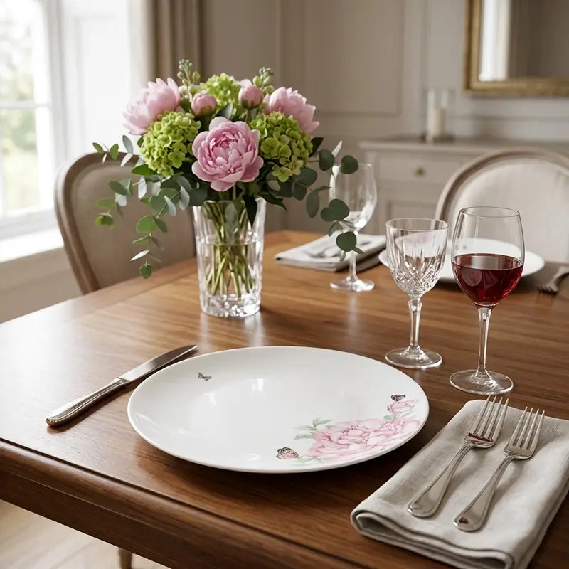 A white ceramic dinner plate with a pink floral design and small butterfly motifs, styled on a wooden dining table with silverware, folded napkins, wine glasses, and a pink flower bouquet in the background.