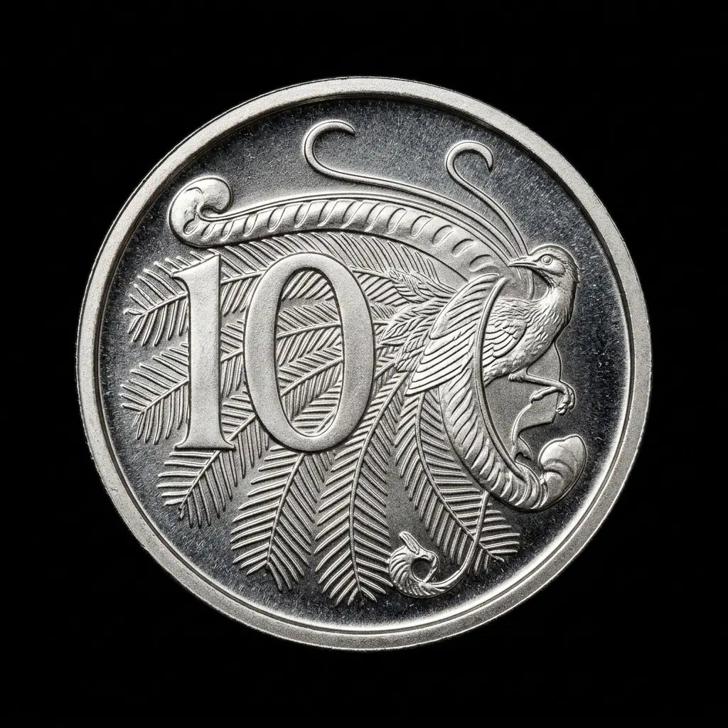 A circular silver coin featuring a large engraved number 10 and a bird motif with leaf-like patterns, shown against a solid black background.