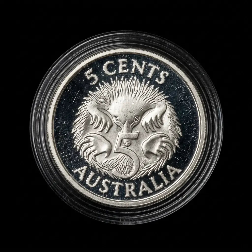 An Australian 5 cents coin featuring a quokka design, encased in a clear protective plastic holder against a solid black background.