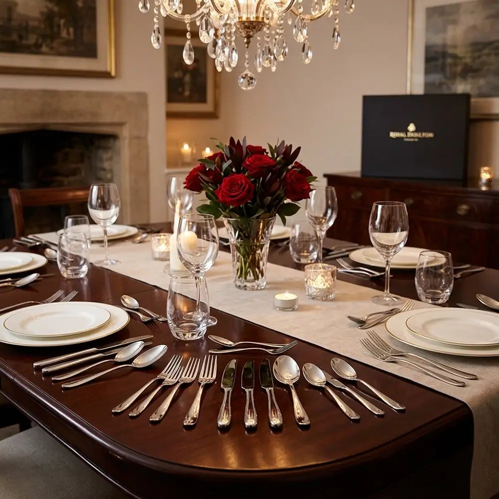 Luxury Royal Doulton cutlery set elegantly arranged on a dark wooden dining table.