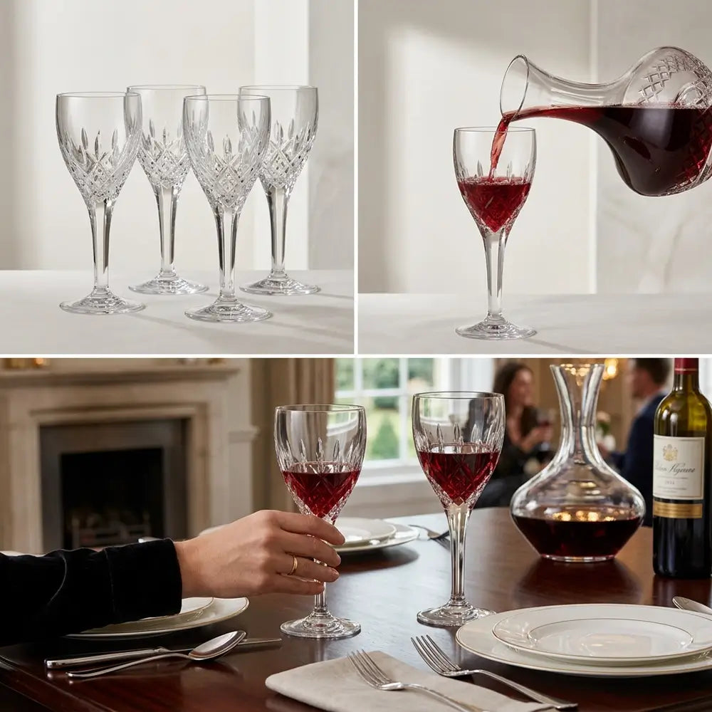 Collage of wine glasses, decanter, and a person enjoying a glass of red wine.
