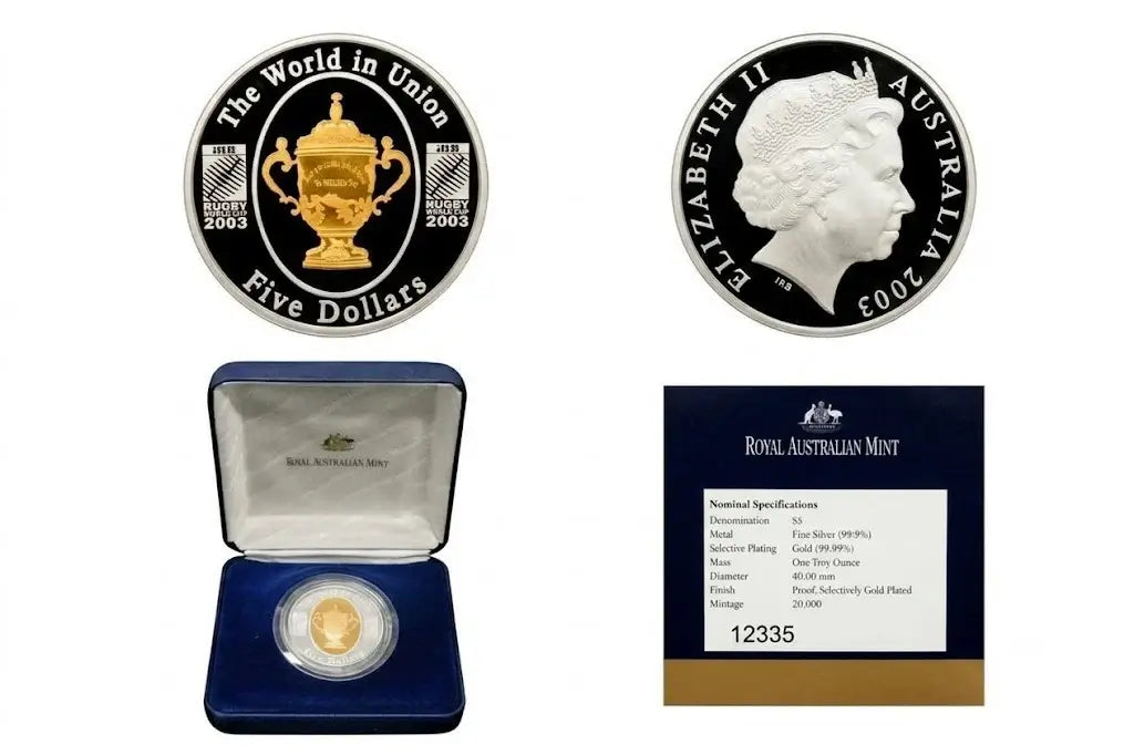 2003 World in Union Five Dollars silver coin from Australia, shown in two views: one with a gold cup emblem and one with Queen Elizabeth II profile. Below, the coin is displayed in an open blue presentation box next to a Royal Australian Mint certificate card.