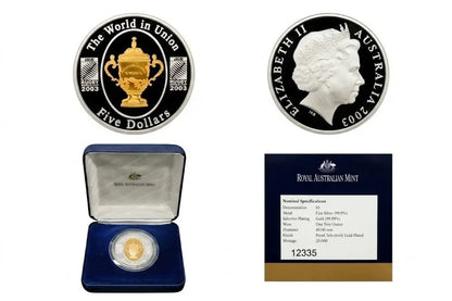 2003 World in Union Five Dollars silver coin from Australia, shown in two views: one with a gold cup emblem and one with Queen Elizabeth II profile. Below, the coin is displayed in an open blue presentation box next to a Royal Australian Mint certificate card.