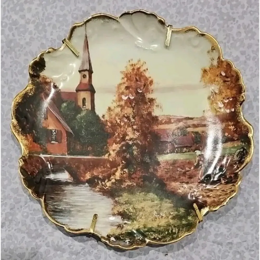 Limoges porcelain plate with Rural Church scene, part of Porcelaine d’Art collection