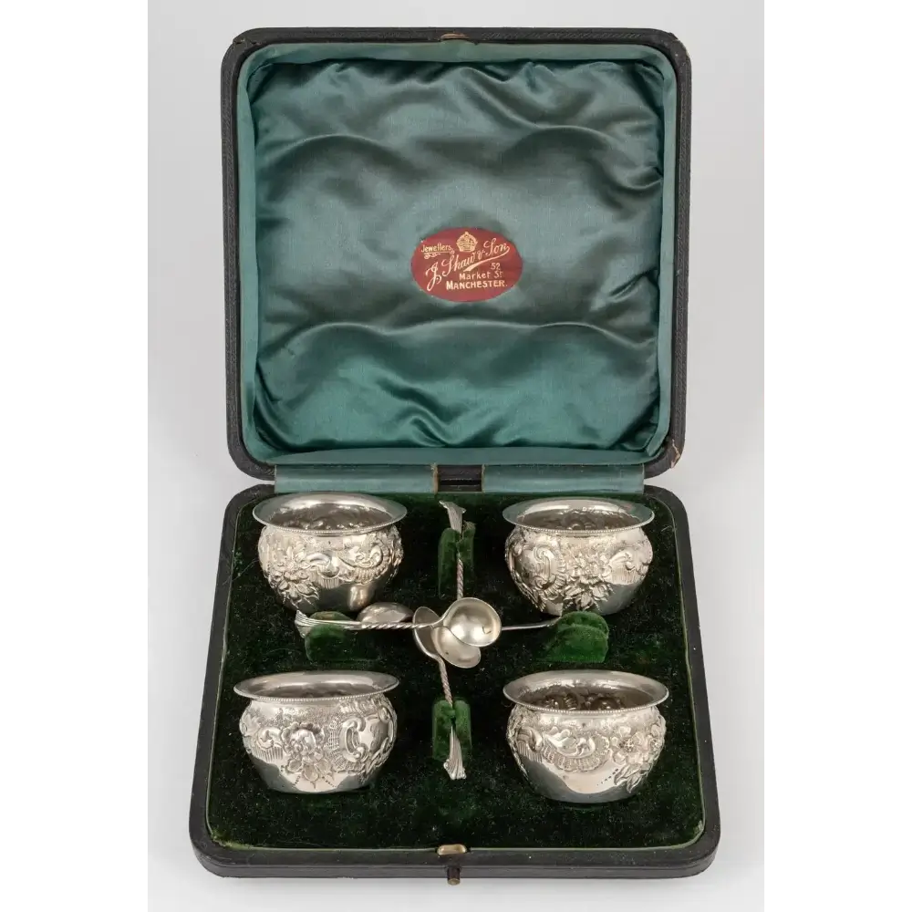 Colen Hewer Cheshire Antique Sterling Silver Salt Cellar & Spoons Set - Birmingham 1891