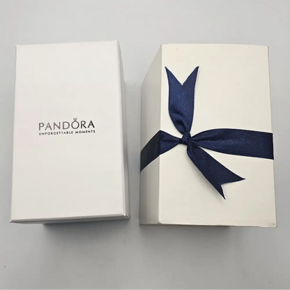 Pandora gift box with a navy blue ribbon