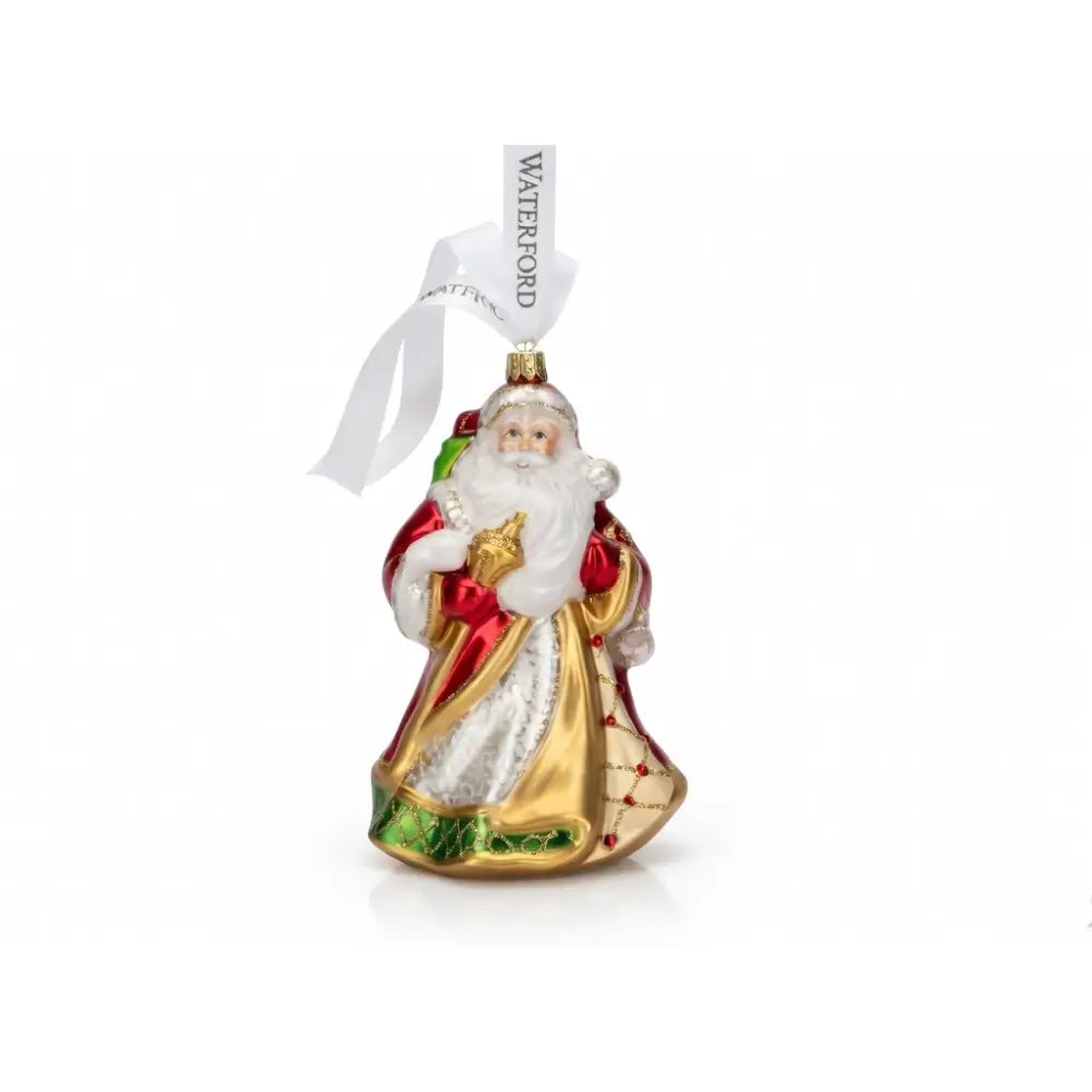 Decorative Santa Claus ornament with gold robe and white beard, featuring Waterford branding.