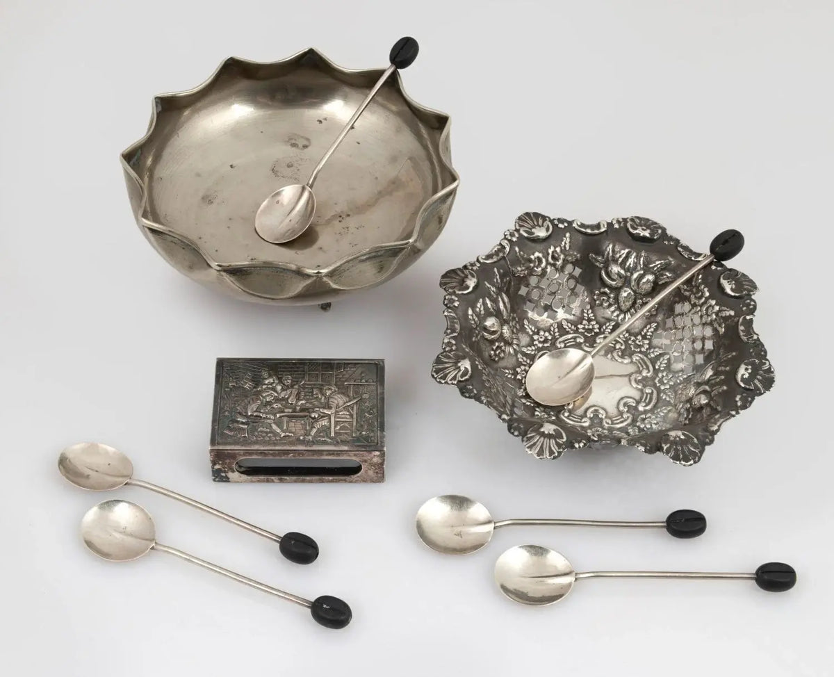 Sterling Silver Coffee Bean Spoons Lot – Pierced Dish, Bowl & Matchbox Cover