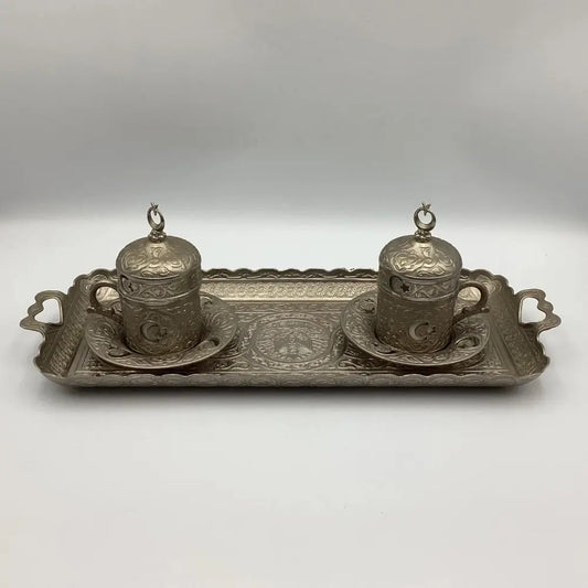 Silver inkwell set with two inkwells and a tray