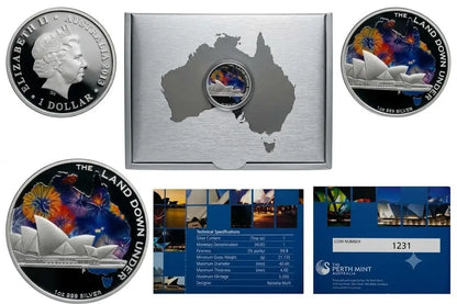A 2023 Australian $1 Silver coin set featuring a silver map of Australia with a central coin, two full commemorative coins showing the Sydney Opera House and colorful floral artwork, a silver coin holder, and two blue informational cards with technical specifications and a serial number.